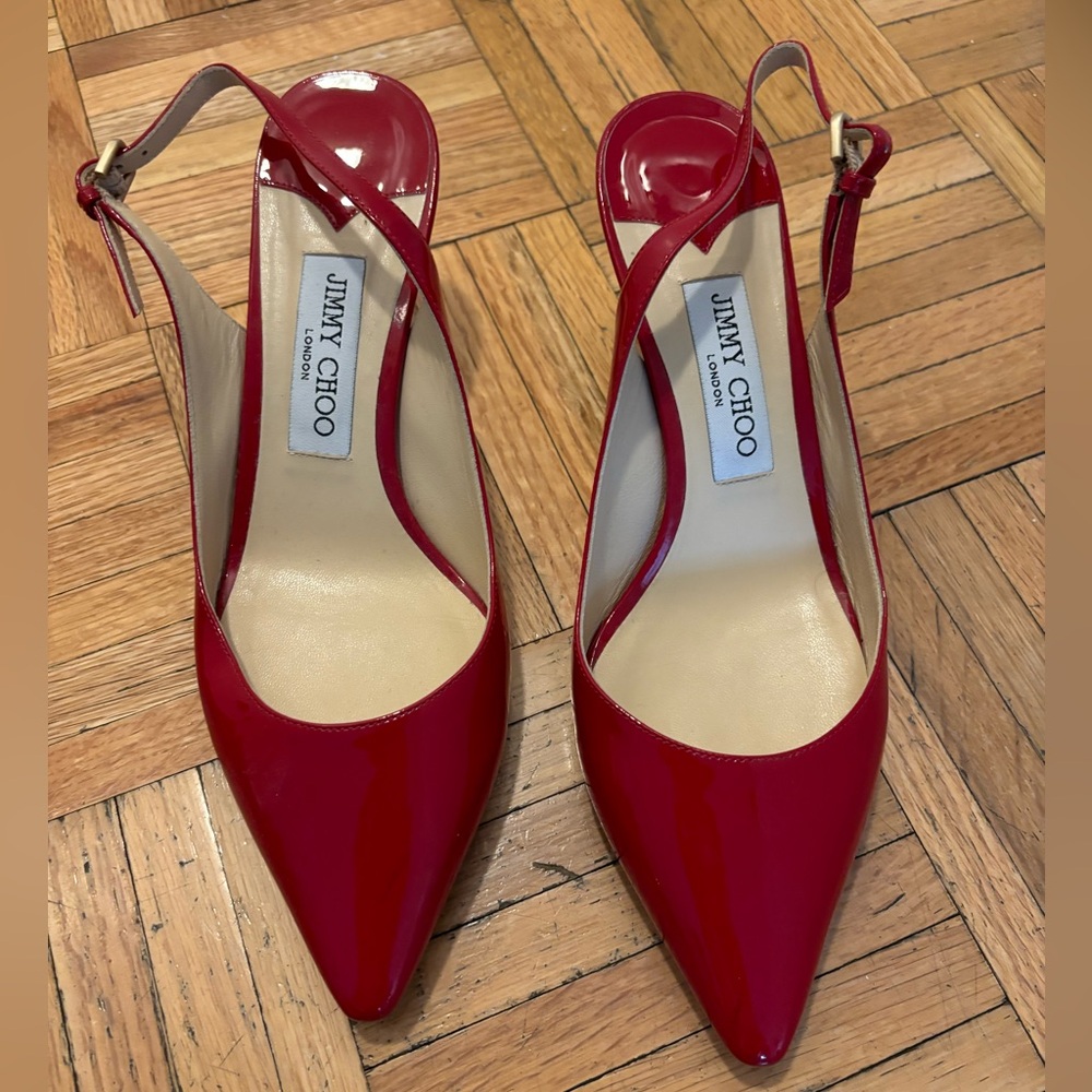 Jimmy Choo Red Patent Sling Back, Size 38.5